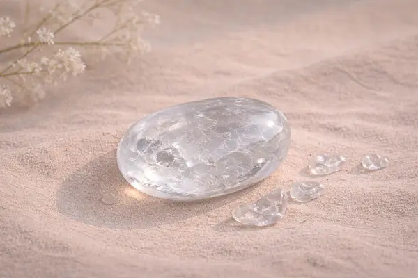 Bergkristal op zand als symbool voor als je stress wilt verminderen en meer energie en circulatie wilt ervaren. Een warme, praktische holistische sessie voor vrouwen die willen vertragen. de Start Up sessie